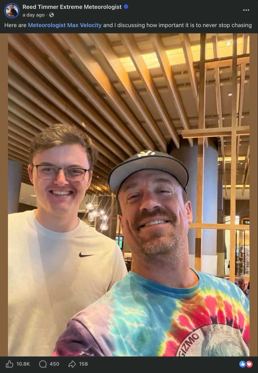 Reed Timmer&rsquo;s own post featuring Max Velocity &mdash; earned coverage alongside the paid posts